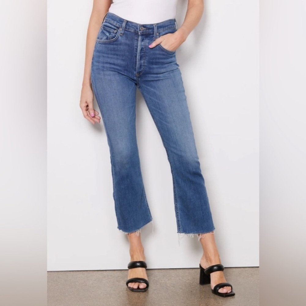 Citizens of Humanity Isola Cropped Kick Boot Flare Jeans 25 Raw Hem Capsule Blue